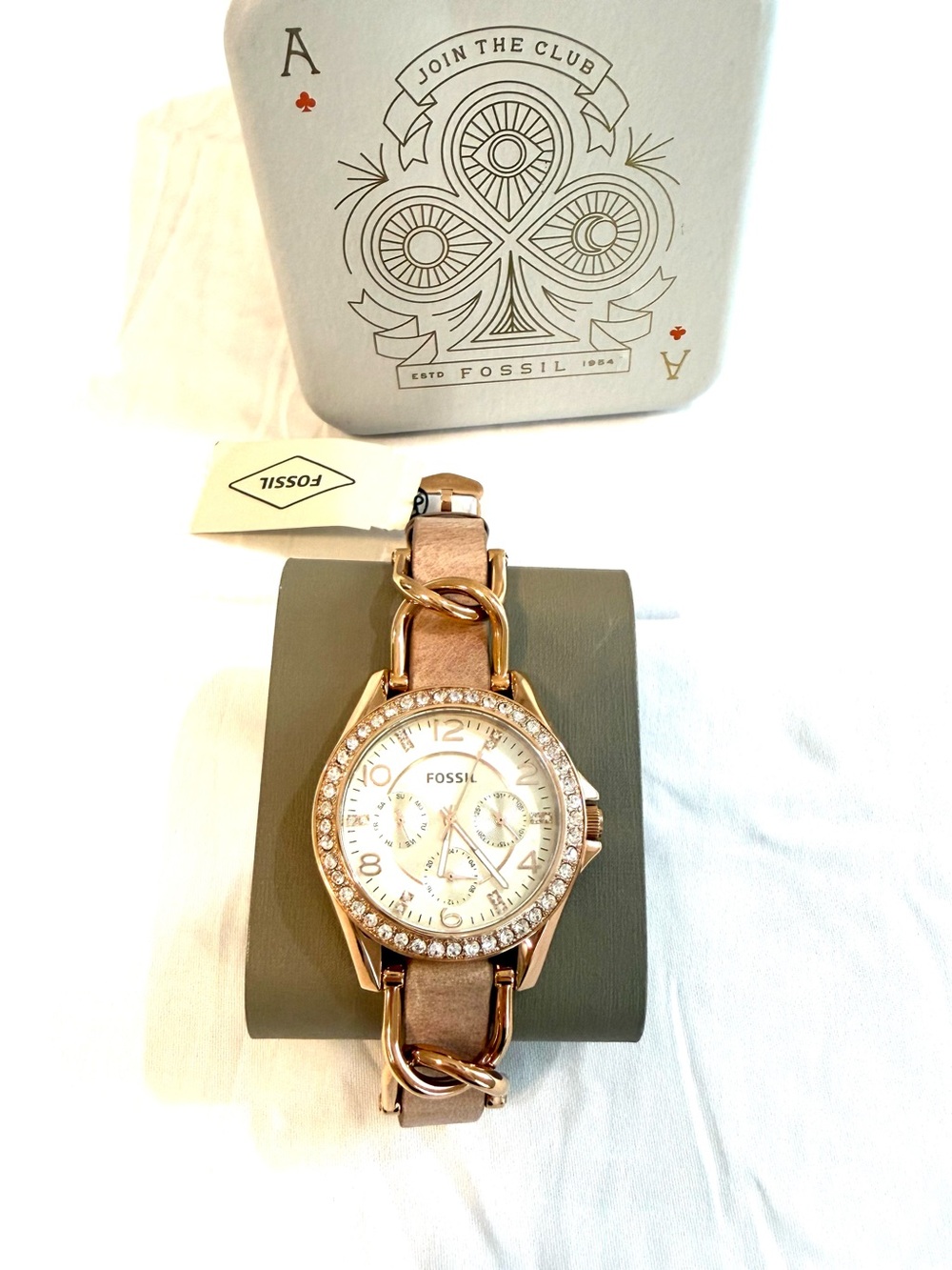 Fossil Riley Women’s Quartz Crystal 38mm Rose Gold Tone ES3466 Leather Watch